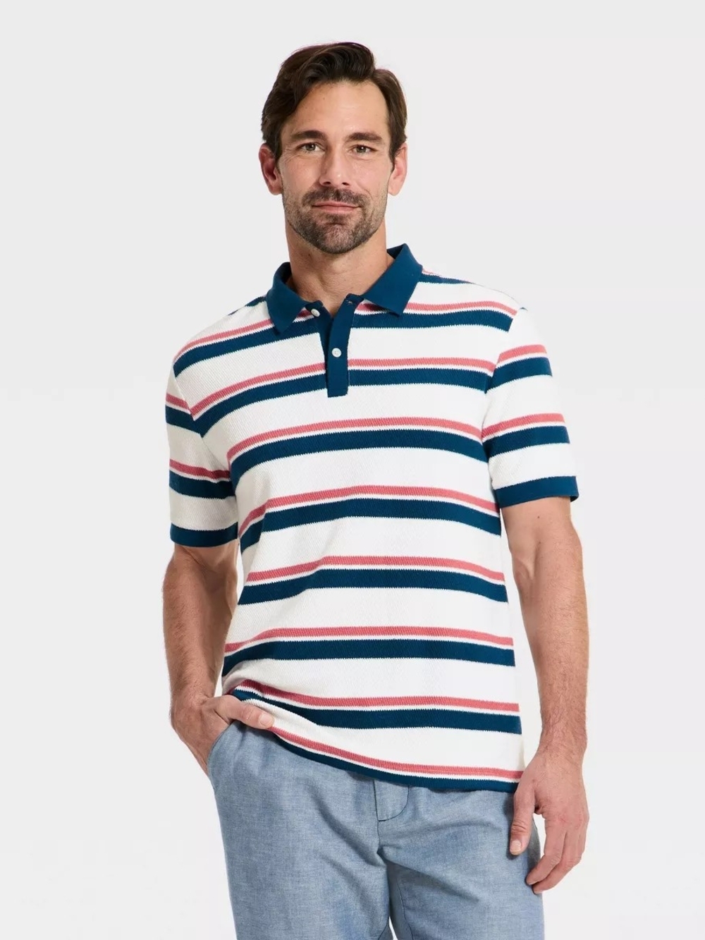 Goodfellow & Co Striped Polo in White, Blue & Pink In Size Medium